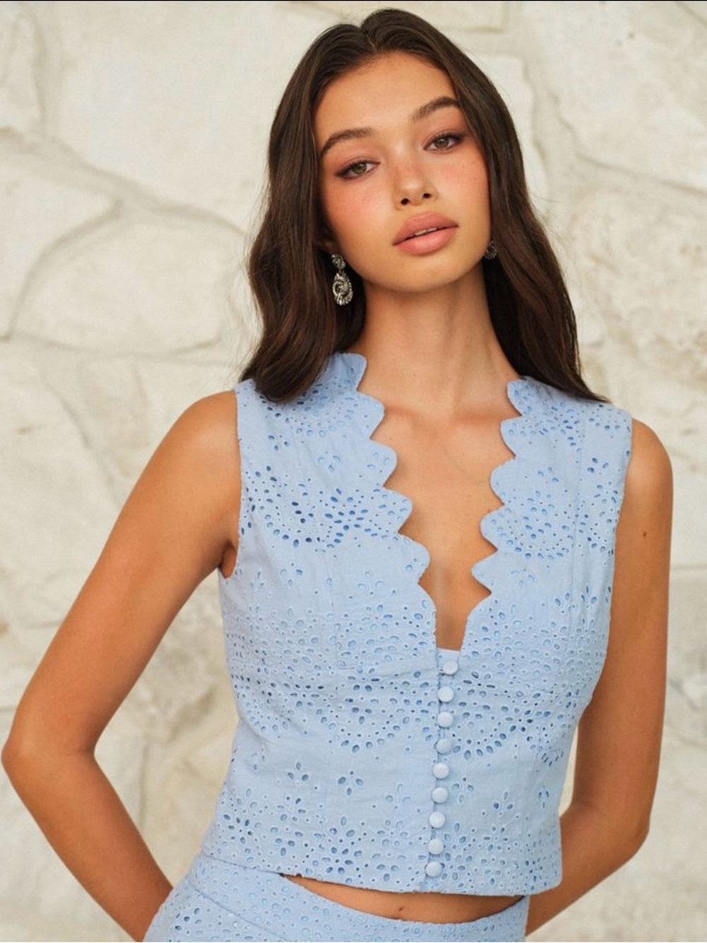 Commense Light Blue Scalloped Eyelet Crop Top
